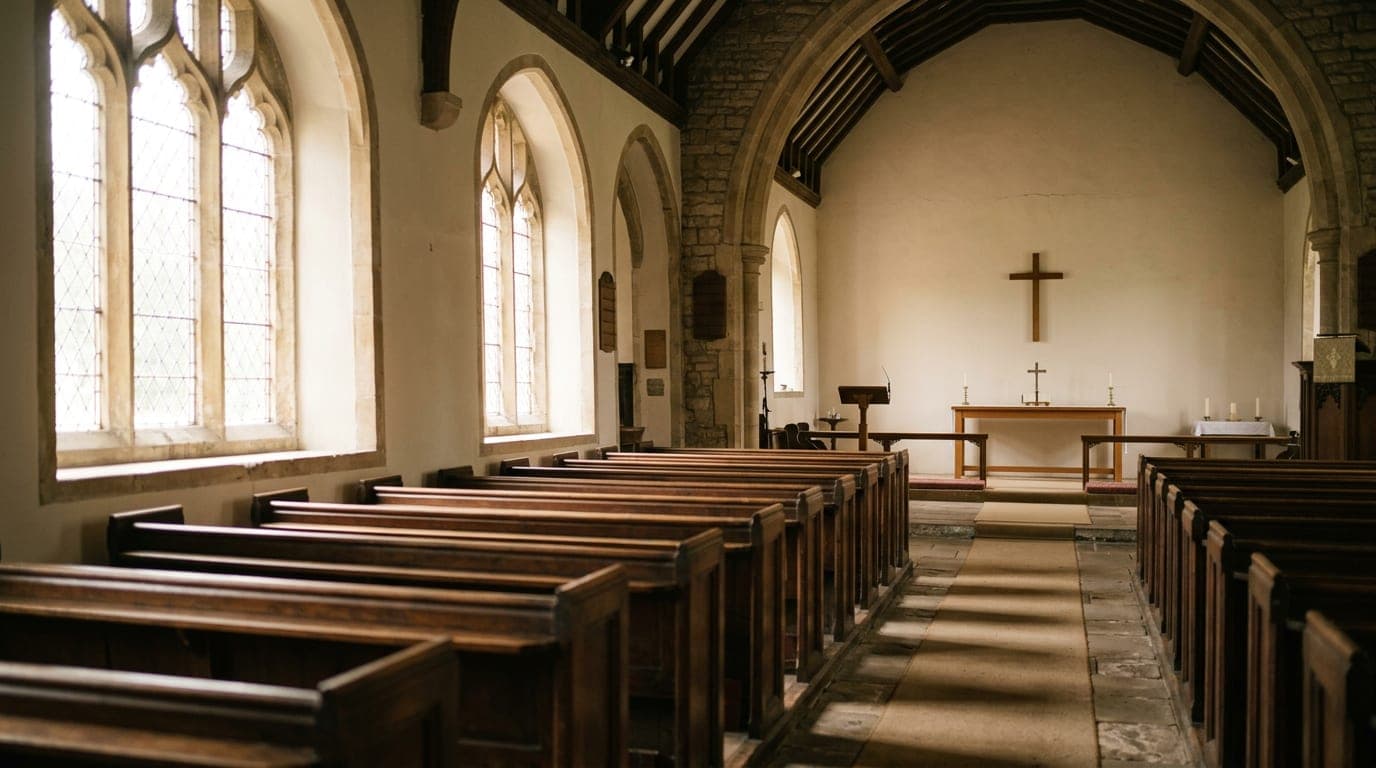 A bright, peaceful church interior with wooden pews and soft natural light streaming through windows.